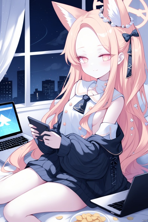 [Sheya],seia (blue archive),1girl,solo,face close-up,alternate costume,animal ear fluff,naked poncho,loose,naked capelet,sideboob,bed,light smile,bare shoulder,hair ribbon,shirt,halo,laptop,gamepad,phone,chips,food,curtains,window,bow,Black Theme,night, best quality, amazing quality, very aesthetic, absurdres,seiaBA