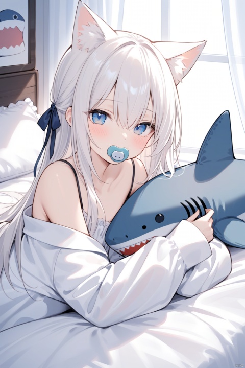  masterpiece, bestquality,1girl, solo, long hair, looking at viewer, blush, bangs, blue eyes, long sleeves, animal ears, hair between eyes, indoors, cat ears, sleeves past wrists, pillow, bed sheet, stuffed toy, stuffed animal, on stomach,under covers, stuffed cat, stuffed shark,Covering the quilt,Soothing pacifier,white hair, ribbon, bare shoulders, white shirt, oversized clothes, 