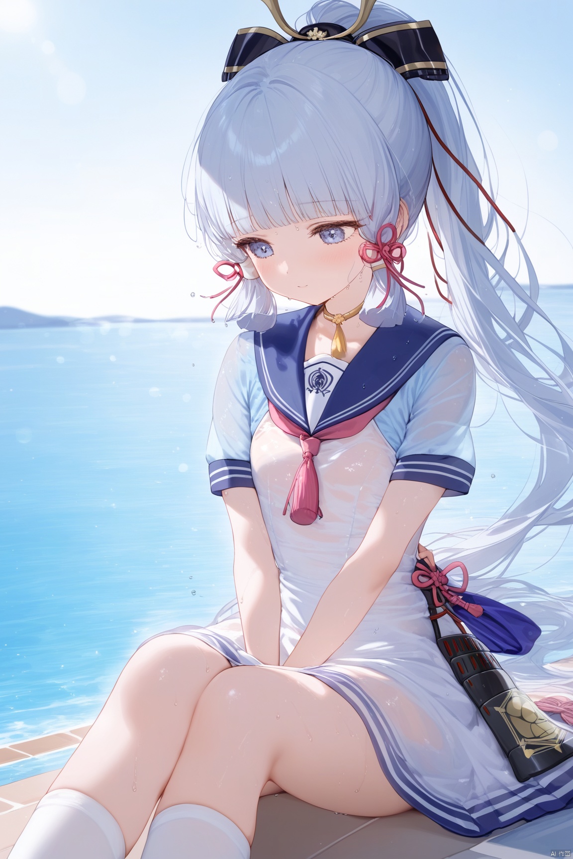  masterpiece,best quality,high quality,loli, shiba inu, kamisato ayaka, 1girl, solo, long hair, bangs, white_hair,dress, bow, sitting, ponytail, short sleeves, hair bow, outdoors,no shoes, day, socks, sailor collar, water, white dress, white socks,  sailor dress, Sitting by the swimming pool,hands between legs,wet dress,wet clothes,wet, see-through,