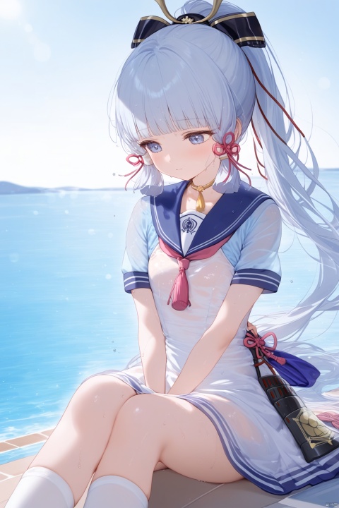  masterpiece,best quality,high quality,loli, shiba inu, kamisato ayaka, 1girl, solo, long hair, bangs, white_hair,dress, bow, sitting, ponytail, short sleeves, hair bow, outdoors,no shoes, day, socks, sailor collar, water, white dress, white socks,  sailor dress, Sitting by the swimming pool,hands between legs,wet dress,wet clothes,wet, see-through,
