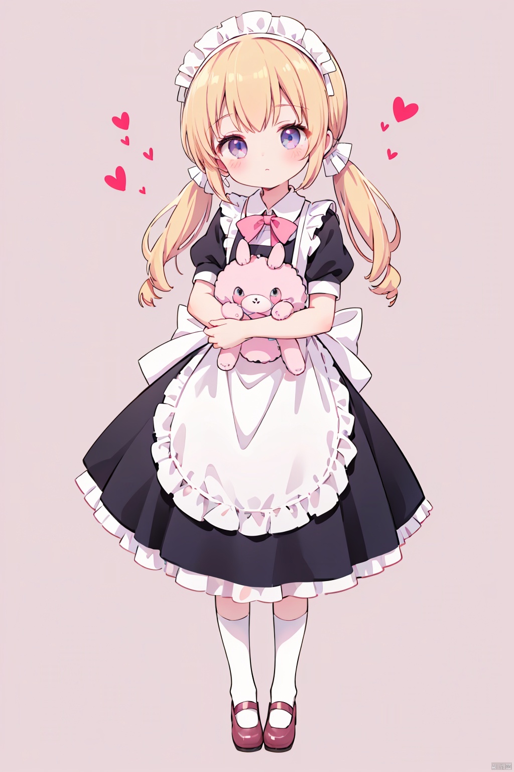 1girl, solo, long hair, looking at viewer, blush, bangs, blue eyes, blonde hair, simple background, dress, bow, holding, animal ears, twintails, closed mouth, standing, full body, short sleeves, hair bow, heart, frills, shoes, socks, puffy sleeves, rabbit ears, apron, puffy short sleeves, maid, maid headdress, low twintails, blush stickers, stuffed toy, pink background, frilled dress, stuffed animal, white socks, pink bow, pink dress, white apron, mary janes, maid apron, frilled apron, object hug, pink footwear, stuffed bunny, bobby socks, holding stuffed toy, frilled socks, meyu