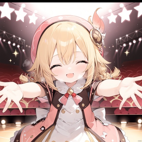 masterpiece,best quality,high quality,loli,1girl, solo, long hair, smile, blonde hair, closed eyes, braid, virtual youtuber, twin braids, outstretched arms, letterboxed,：3,imminent kiss,heavy breathing, in heat,idol,stage,idol clothes,keli,(\ke li\)
