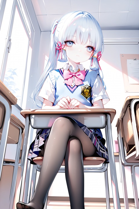 [iumu],[Sheya],[Artist chen bin], masterpiece,best quality,high quality,loli, shiba inu, kamisato ayaka, 1girl, solo, blush, bangs, skirt, shirt,bow, hair between eyes, twintails, sitting, closed mouth, school uniform, white shirt, white hair, short sleeves, pantyhose, multicolored hair, pleated skirt,no shoes, solo focus, indoors, bowtie, black skirt, vest, plaid, black pantyhose, chair, looking away, from below, crossed legs, pink bow, desk, sweater vest, classroom, school desk, pink bowtie, school chair
