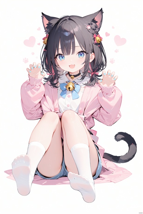  masterpiece,best quality,high quality,(colorful),1girl, solo, looking at viewer, smile, open mouth, bangs, blue eyes, black hair, thighhighs, long sleeves, white background, animal ears, tail, full body, :d, heart, shorts, socks, virtual youtuber, cat ears, feet, cat tail, bell, toes, :3, no shoes, soles, cat girl, neck bell, tail ornament, foot focus, claw pose, paw print,loli