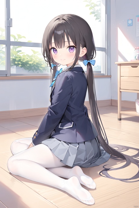  1girl, solo, long hair, looking at viewer, blush, smile, bangs, skirt, shirt, black hair, long sleeves, bow, twintails, sitting, very long hair, closed mouth, school uniform, purple eyes, jacket, full body, pantyhose, pleated skirt, indoors, bowtie, low twintails, blue bow, no shoes, table, blazer, grey skirt, white pantyhose, wooden floor, blue bowtie,shoulder,loli,looking back, from behind,