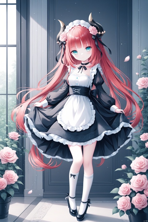 Prompt: ,[iumu],[Sheya],[Artist chen bin], masterpiece,best quality,high quality, 1girl, solo, long hair, breasts, looking at viewer, smile, bangs, blue eyes, long sleeves, dress, bow, ribbon, medium breasts, very long hair, closed mouth, standing, full body, flower, red hair, frills, horns, alternate costume, choker, socks, puffy sleeves, black footwear, apron, black dress, high heels, aqua eyes, maid, maid headdress, black ribbon, black bow, rose, leg up, standing on one leg, frilled dress, plant, white socks, juliet sleeves, waist apron, white apron, pink flower, maid apron, puffy long sleeves, enmaided, skirt hold, potted plant, nilou \(genshin impact\),loli