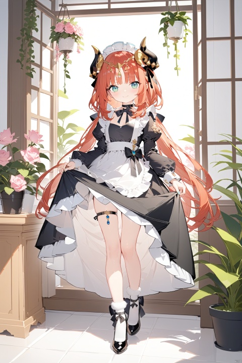 shiba inu, masterpiece,best quality,high quality, 1girl, solo, long hair, breasts, looking at viewer, smile, bangs, blue eyes, long sleeves, dress, bow, ribbon, medium breasts, very long hair, closed mouth, standing, full body, flower, red hair, frills, horns, alternate costume, choker, socks, puffy sleeves, black footwear, apron, black dress, high heels, aqua eyes, maid, maid headdress, black ribbon, black bow, rose, leg up, standing on one leg, frilled dress, plant, white socks, juliet sleeves, waist apron, white apron, pink flower, maid apron, puffy long sleeves, enmaided, skirt hold, potted plant, nilou \(genshin impact\),loli