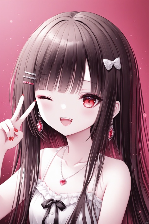 [iumu],[Sheya],[Artist chen bin],  masterpiece,best quality,high quality,loli,1girl, solo, long hair, looking at viewer, smile, open mouth, bangs, brown hair, black hair, hair ornament, red eyes, bare shoulders, jewelry, collarbone, earrings, one eye closed, teeth, hairclip, hand up, necklace, nail polish, v, fangs, ;d, portrait, red nails