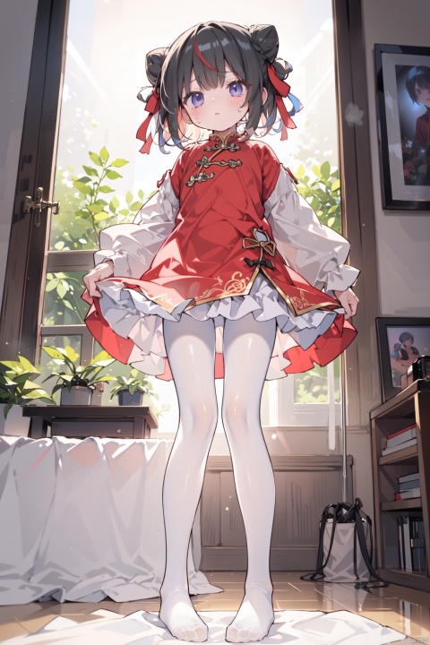  1girl, solo,loli,long hair,dress, pantyhose, sweat, frills, feet, legs, toes, bed sheet, no shoes, soles, white pantyhose, foot focus, full body,see-through pantyhose, shiny skin, shiny clothes, sweat, steam, toes, Standing, short hair, bangs, black hair, long sleeves, ribbon, standing, purple eyes, full body, red hair, multicolored hair, blunt bangs, streaked hair, gradient, red shirt, pelvic curtain,lowangle,((best quality)),((masterpiece)),((ultra-detailed)),(illustration),(detailed light),(an extremely delicate and beautiful), hair bun, double bun, chinese clothes,from below