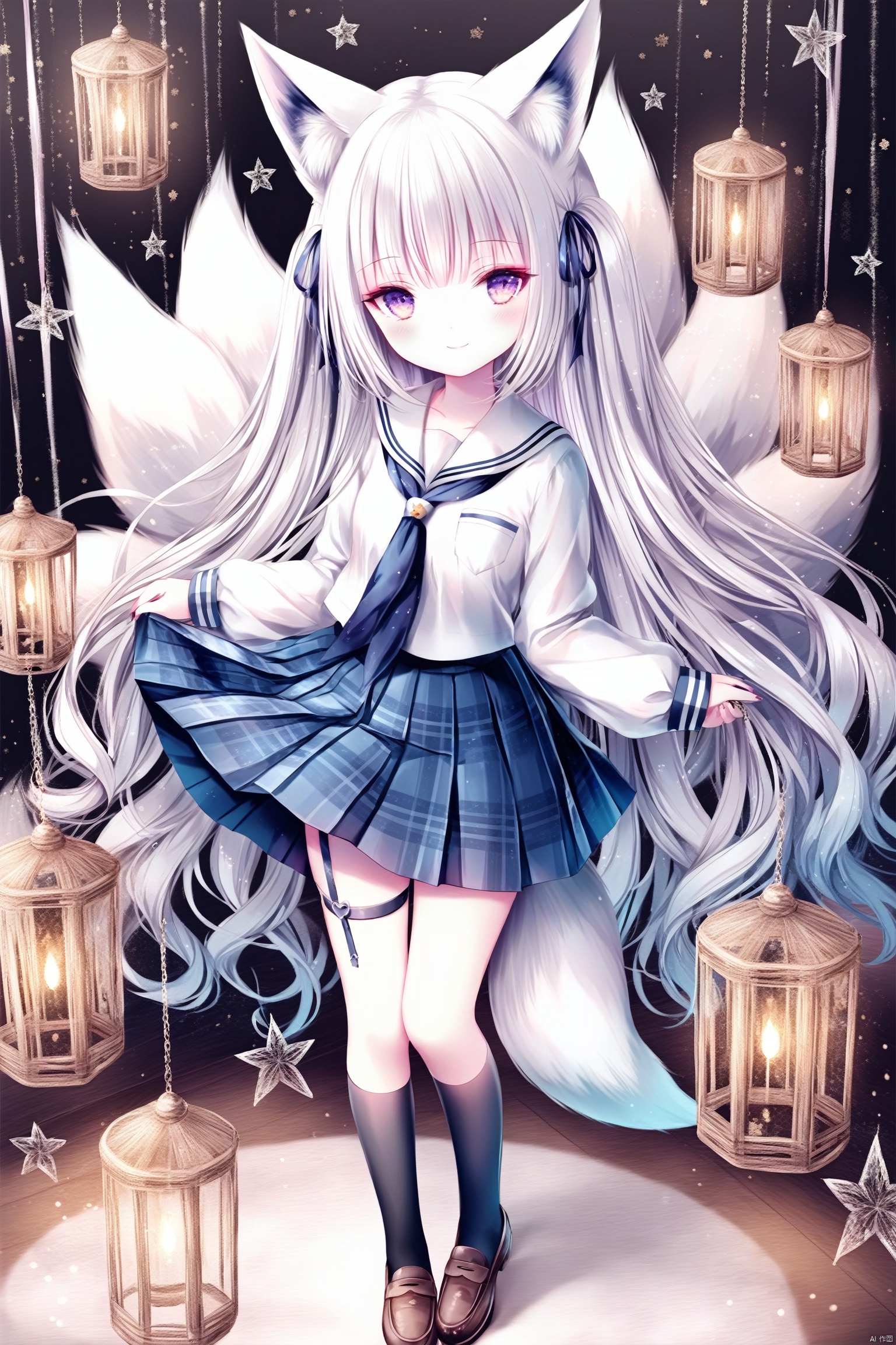  [iumu],[Sheya],[Artist chen bin], ,1girl, solo, long hair, breasts, looking at viewer, blush, smile, bangs, skirt, shirt, long sleeves, holding, animal ears, very long hair, closed mouth, school uniform, standing, purple eyes, tail, full body, white shirt, white hair, pleated skirt, shoes, serafuku, socks, sailor collar, blue skirt, neckerchief, animal ear fluff, plaid, kneehighs, fox ears, thigh strap, fox tail, plaid skirt, brown footwear, fox girl, black socks, loafers, multiple tails, kitsune, kyuubi, loli