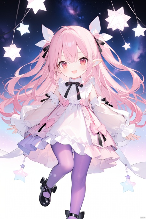 1girl, solo, long hair, looking at viewer, blush, smile, open mouth, bangs, red eyes, long sleeves, dress, bow, ribbon, hair between eyes, very long hair, hair ribbon, pink hair, :d, pantyhose, frills, detached sleeves, shoes, sleeveless, pointy ears, puffy sleeves, virtual youtuber, wide sleeves, black footwear, white dress, two side up, sleeves past wrists, black ribbon, sleeveless dress, puffy long sleeves, white sleeves, purple pantyhose,loli, Starry Sky Skirt,Coral dress