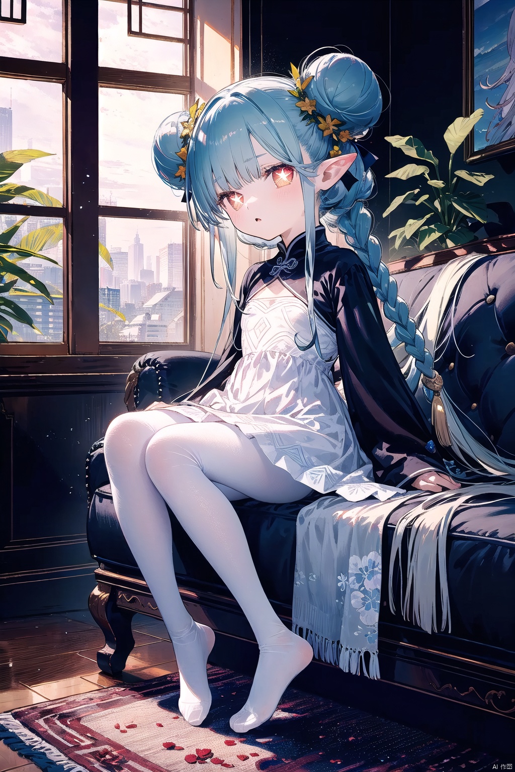 ((best quality)),((masterpiece)),((ultra-detailed)),(illustration),(detailed light),(an extremely delicate and beautiful),
1girl, solo, long hair, looking at viewer, blush,  dress, bow, sitting, very long hair, full body, yellow eyes, hair bow, pantyhose, hair bun, white dress, feet, window, double bun, no shoes, chinese clothes, couch, white pantyhose,White hair,pointy ears, round face,(petite child:1.2),tiamat_(fate),curled_horns,symbol-shaped_pupils,small_breasts,solo,looking_at_viewer,braid,+_+,nai3