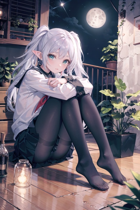  1girl, solo, long hair, looking at viewer, bangs, skirt, shirt, sitting, closed mouth, school uniform, white shirt, short sleeves, pleated skirt, outdoors, sky,no shoes, serafuku, indoors, black skirt, sailor collar, night, fruit, moon, cat, bottle, plant, letterboxed, star \(sky\), night sky, scenery, full moon, starry sky, lantern, potted plant, hugging own legs, vines, crescent moon, light bulb,
fll, twintails, pointy ears, round face,white hair, green eyes, elf, pantyhose, long hair, black pantyhose, long sleeves, dress, Frieren at the Funeral, loli