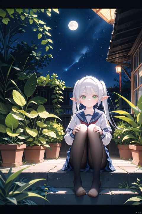  1girl, solo, long hair, looking at viewer, bangs, skirt, shirt, sitting, closed mouth, school uniform, white shirt, short sleeves, pleated skirt, outdoors, sky,no shoes, serafuku, indoors, black skirt, sailor collar, night, fruit, moon, cat, bottle, plant, letterboxed, star \(sky\), night sky, scenery, full moon, starry sky, lantern, potted plant, hugging own legs, vines, crescent moon, light bulb,
fll, twintails, pointy ears, round face,white hair, green eyes, elf, pantyhose, long hair, black pantyhose, long sleeves, dress, Frieren at the Funeral, loli