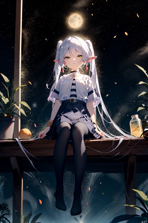  1girl, solo, long hair, looking at viewer, bangs, skirt, shirt, sitting, closed mouth, school uniform, white shirt, short sleeves, pleated skirt, outdoors, sky,no shoes, serafuku, indoors, black skirt, sailor collar, night, fruit, moon, cat, bottle, plant, letterboxed, star \(sky\), night sky, scenery, full moon, starry sky, lantern, potted plant, hugging own legs, vines, crescent moon, light bulb,child,loli
fll, twintails, pointy ears, round face,white hair, green eyes, elf, pantyhose, long hair, black pantyhose, long sleeves, dress, Frieren at the Funeral
, loli