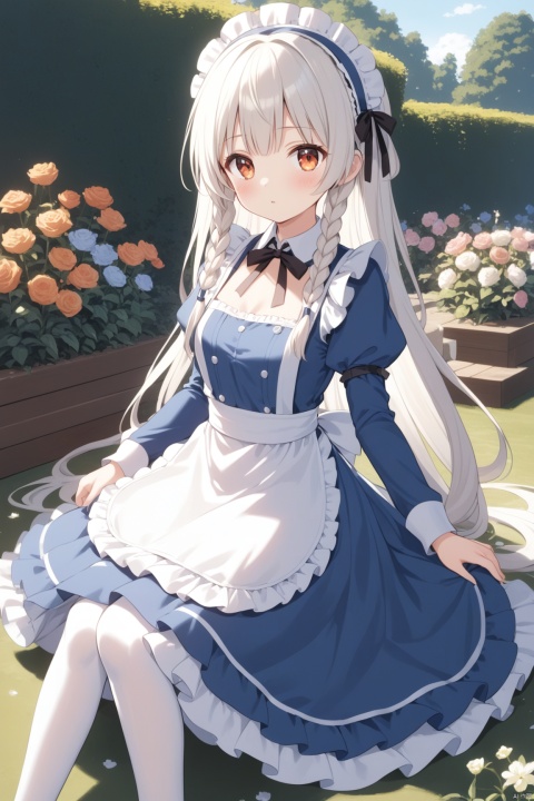  1girl,long_hair,braid,dress,frills,twin_braids,thighhighs,blue_dress,very_long_hair,apron,frilled_dress,looking_at_viewer,long_sleeves,lolita_fashion,hairband,orange_eyes,maid,ribbon,white_hair,flat_color,no_shoes,bangs,puffy_sleeves,breasts,juliet_sleeves,petticoat,chobits chi,chobits eyes,chobits hair tubes,flowers,garden,masterpiece,best quality, ray tracing,loli