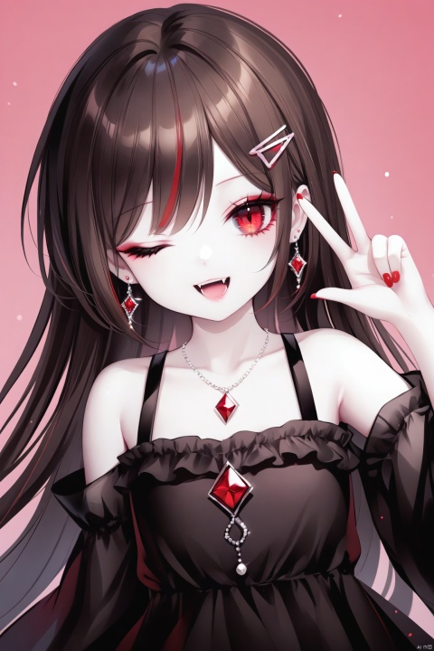 ,[iumu],[Sheya],[Artist chen bin], masterpiece,best quality,high quality,loli,1girl, solo, long hair, looking at viewer, smile, open mouth, bangs, brown hair, black hair, hair ornament, red eyes, bare shoulders, jewelry, collarbone, earrings, one eye closed, teeth, hairclip, hand up, necklace, nail polish, v, fangs, ;d, portrait, red nails