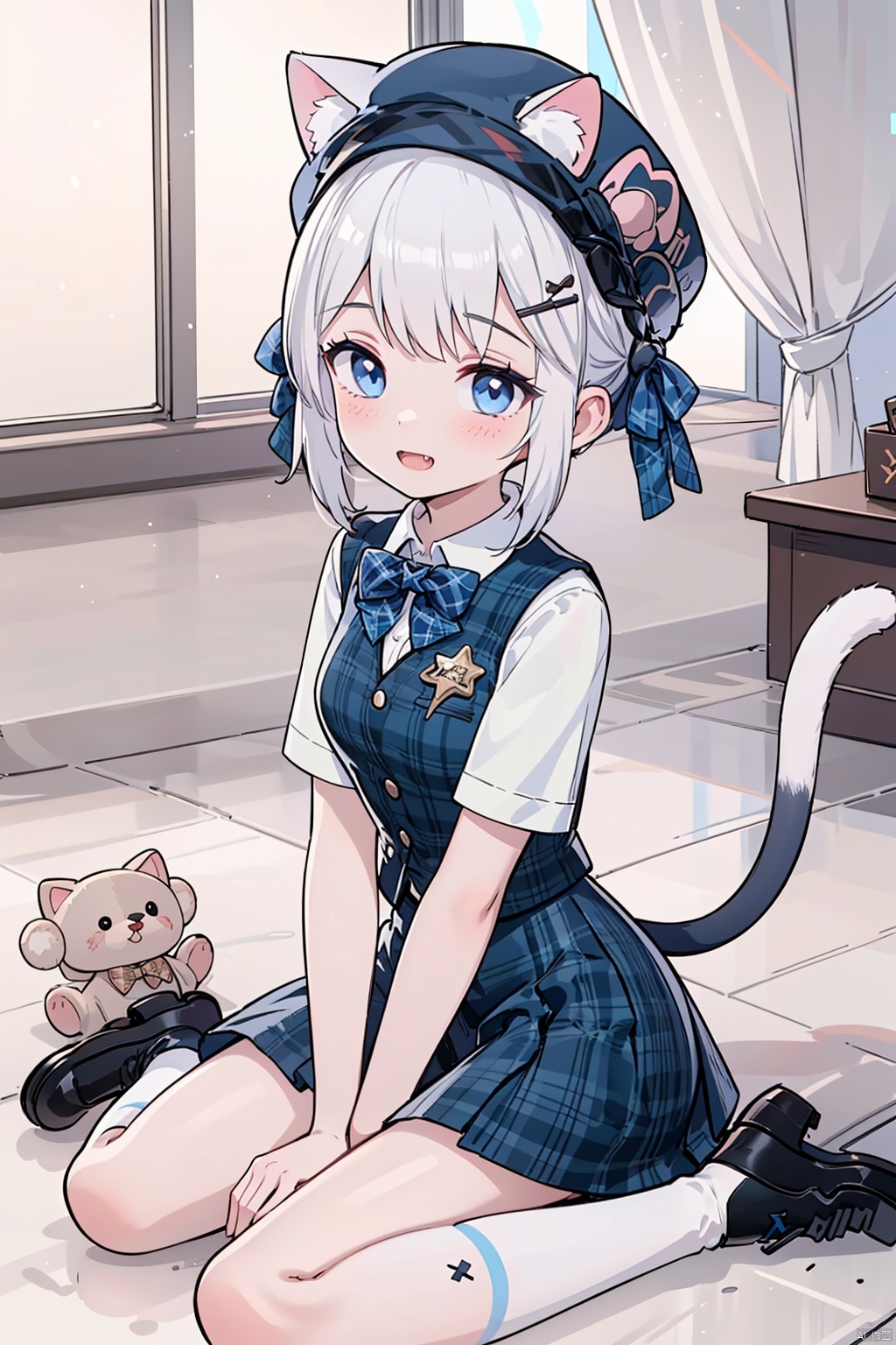  bangbi, 1girl, blue eyes, wariza, sitting, tail, hair ornament, socks, solo, looking at viewer, white hair, cat tail, open mouth, skirt, hat, shirt, plaid, tail ornament, animal ears, window, indoors, white shirt, cat ears, paw pose, shoes, bangs, black footwear, short sleeves, fang, vest, bow, between legs, stuffed toy, grey socks, string of flags, blue bow, blue headwear, hairclip, stuffed cat, x hair ornament, black socks, smile, hand between legs, stuffed animal, jewelry, kneehighs, hand up, star \(symbol\), blue skirt, cat, plaid, argyle legwear, argyle,
