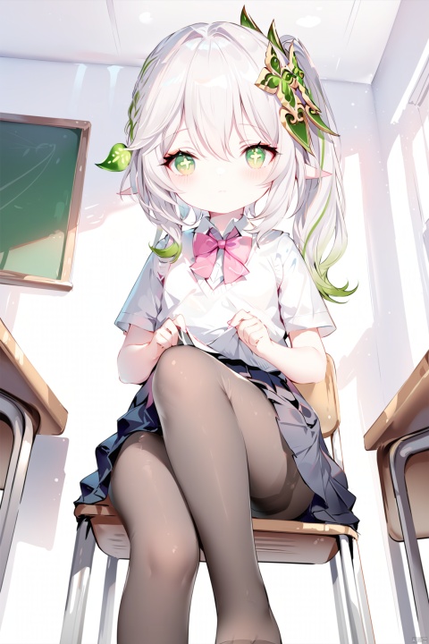 [iumu],[Sheya],[Artist chen bin], masterpiece,best quality,high quality,loli, 1girl, solo, blush, bangs, skirt, shirt,bow, hair between eyes, twintails, sitting, closed mouth, school uniform, white shirt, white hair, short sleeves, pantyhose, multicolored hair, pleated skirt,no shoes, solo focus, indoors, bowtie, black skirt, vest, plaid, black pantyhose, chair, looking away, from below, crossed legs, pink bow, desk, sweater vest, classroom, school desk, pink bowtie, school chair,nahida, 