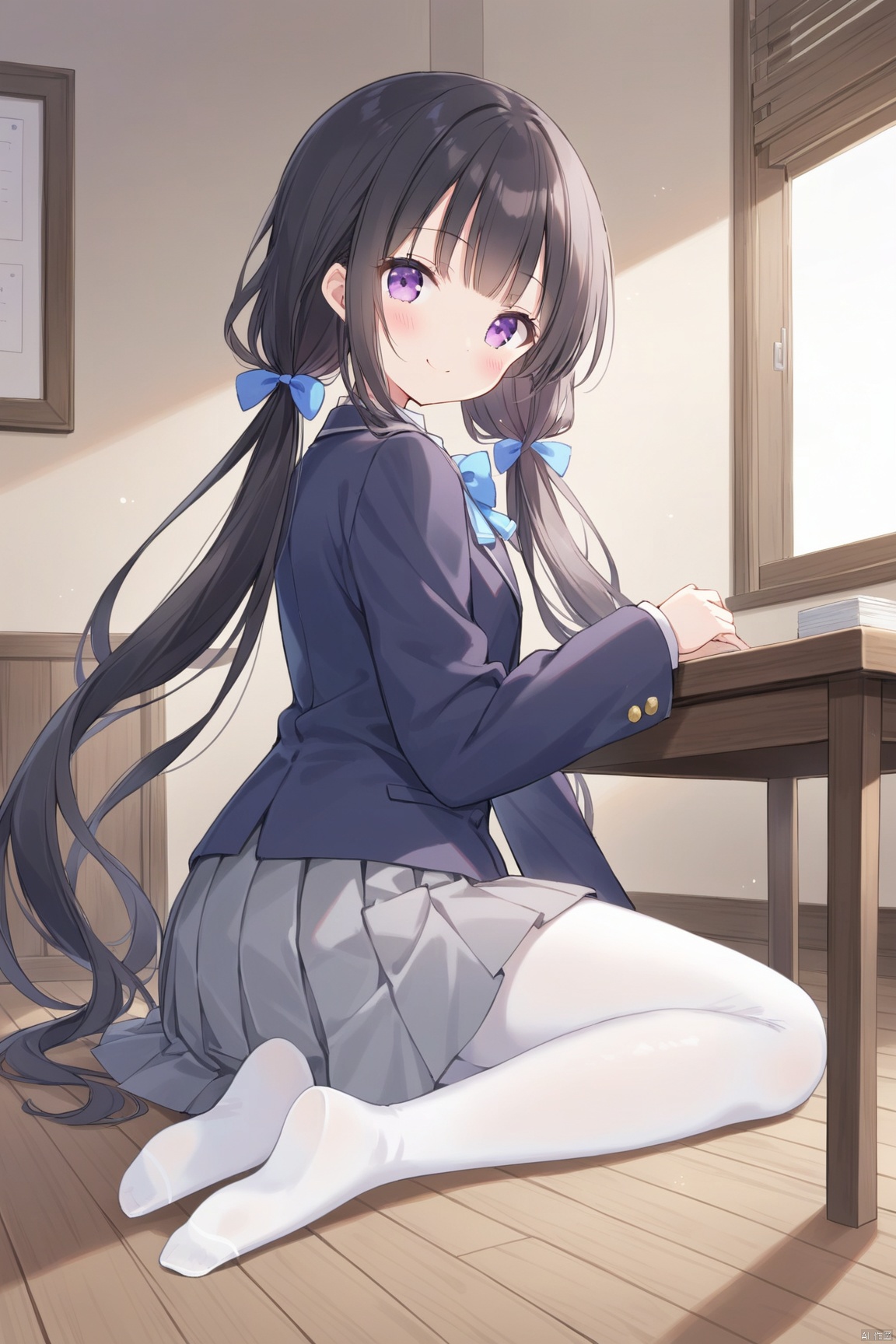  1girl, solo, long hair, looking at viewer, blush, smile, bangs, skirt, shirt, black hair, long sleeves, bow, twintails, sitting, very long hair, closed mouth, school uniform, purple eyes, jacket, full body, pantyhose, pleated skirt, indoors, bowtie, low twintails, blue bow, no shoes, table, blazer, grey skirt, white pantyhose, wooden floor, blue bowtie,shoulder,loli,looking back, from behind,