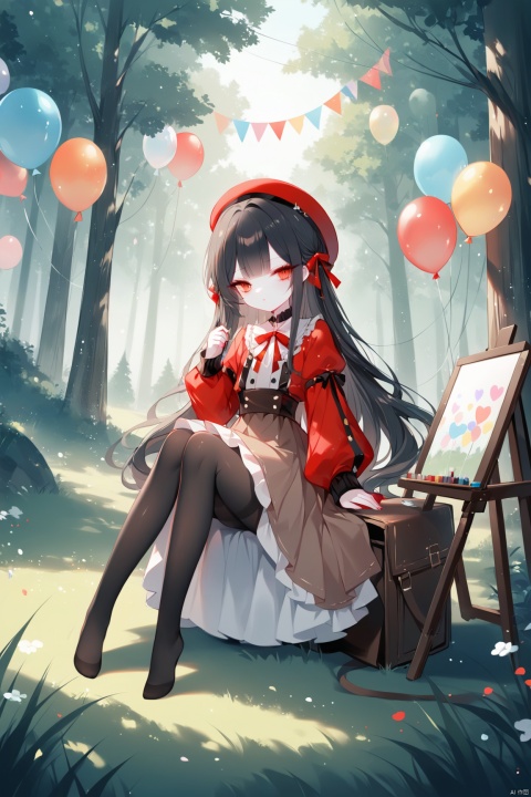 loli,1girl, solo, long hair, bangs, skirt, black hair, long sleeves, hat, dress, sitting, very long hair, pantyhose, outdoors, no shoes, day, tree, black pantyhose, beret, sunlight, grass, nature, scenery, red headwear, forest, brown skirt, balloon,easel,[iumu],[Sheya],[Artist chen bin], masterpiece,best quality,high quality, loli