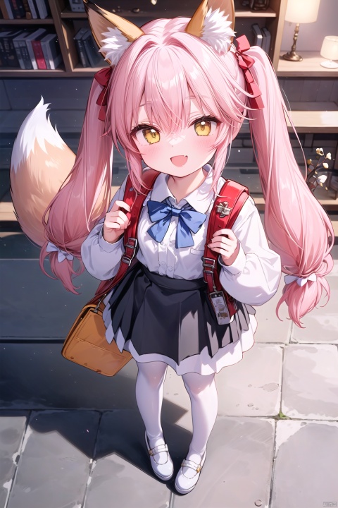 (masterpiece:1.1), (best quality:1.2), highres, original, extremely detailed wallpaper, official art,
1girl, （fox ears, fox Tail）, crime prevention buzzer, solo, hair ornament, red bow, twintails, bow, smile, long sleeves, blush, open mouth, backpack, shirt, looking at viewer, bag, bowtie, white bowtie, instrument, white shirt, randoseru, shoes, bangs, pink hair, white socks, pinafore dress,  red bag, standing, dress, full body, collared shirt, white footwear, recorder, socks, skirt, school uniform, from above,  short twintails, aged down,fang, smug, yellow eyes,white pantyhose, yellow bow, 
