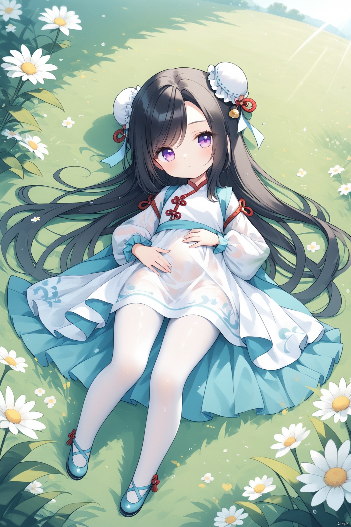  1girl, loli,chibi,solo, long hair, black hair,looking at viewer, bangs, hair ornament, long sleeves, dress, very long hair, purple eyes, flower, outdoors, lying, day, on back, hair bun, blurry, bell, double bun, depth of field, sunlight, grass, tassel, jingle bell, blurry foreground, bun cover, hand on own stomach,white pantyhose,wet dress,wet clothes,wet, see-through,shenhe \(genshin impact\),