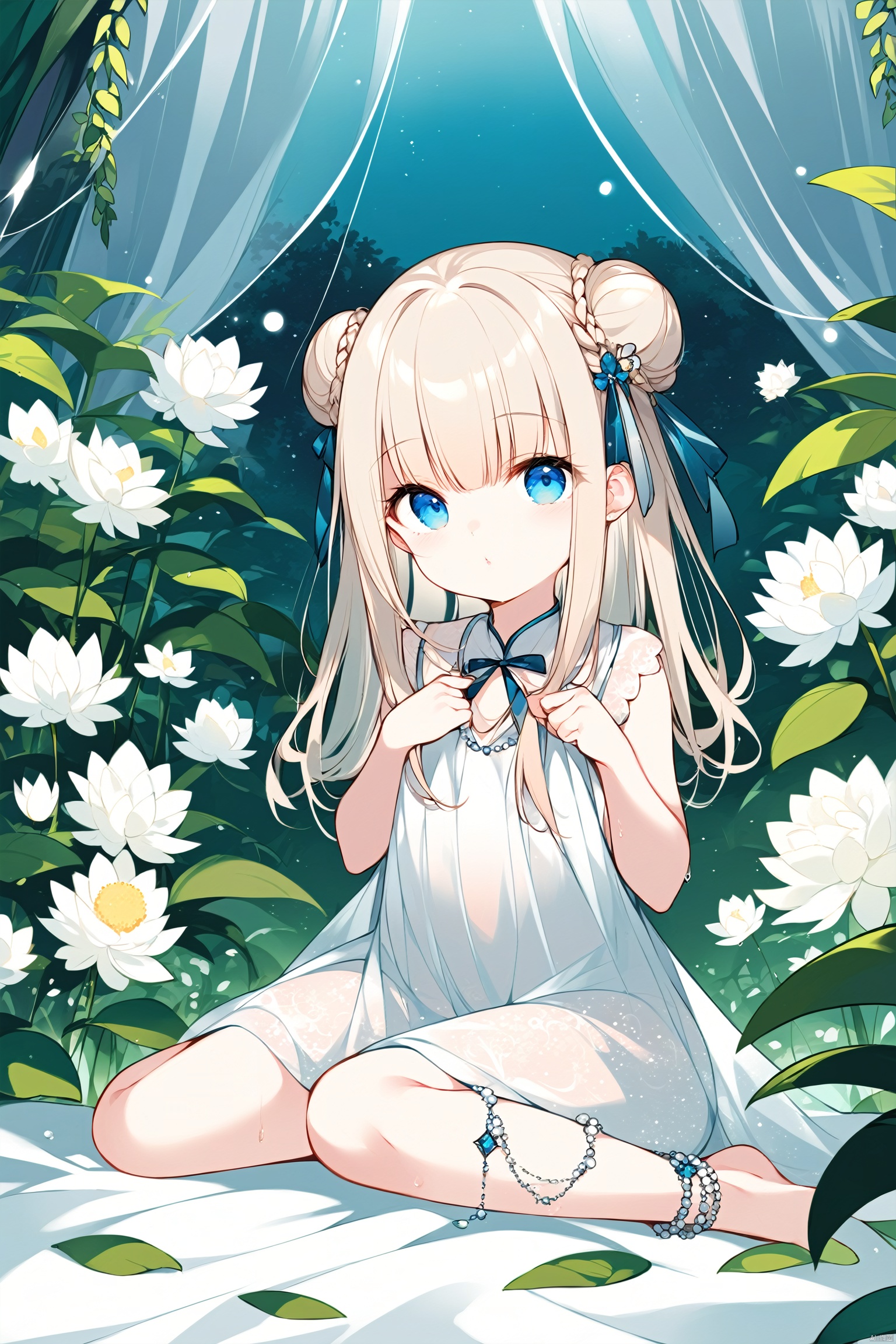 {( with blue eyes, long pale gold hair braided into a flying bun and exquisite hair accessories,long hair),

(Clear facial features, charming eyes, beautiful double eyelids, delicate nose, small mouth, pink lips, baby-like cheeks,loli),

(beautiful, perfect, exquisite),

(There are beautiful flowers, plants and birds in the misty valley, magnificent and historical),

(Wearing exquisite cassocks, bracelets, anklets and elegant ribbons, barefoot, dreamy and elegant,see through dress,white cloth,wet clothes,wet),

((Eyes slightly open, hands pinching in front of chest, sitting cross-legged on a lotus, photo: 1.3, RAW file format, master-level illustration work, 32k ultra-high-definition wallpaper, best CG. Gorgeous Sense. Dynamic sense. Vivid sense)): 1.4, 
