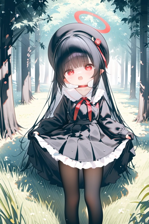  (masterpiece:1.1), (best quality:1.2), highres, original, extremely detailed wallpaper, official art,1girl, solo, long hair, (little_girl:1.2),dress,black gloves,(petite:1.1),bright_pupils,gothic_lolita,loli,looking at viewer, blush, bangs, shirt, long sleeves, hat, ribbon,,Open mouth indicating flustered,sad,tears,open mouth, outdoors, frills, red ribbon, black headwear, loli, bangs, skirt, black hair, red eyes, full body, pleated skirt, choker, miniskirt, blunt bangs, gradient, black pantyhose, black choker, halo,thighband pantyhose,