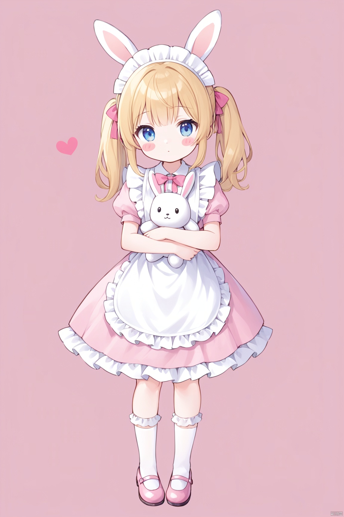  1girl, solo, long hair, looking at viewer, blush, bangs, blue eyes, blonde hair, simple background, dress, bow, holding, animal ears, twintails, closed mouth, standing, full body, short sleeves, hair bow, heart, frills, shoes, socks, puffy sleeves, rabbit ears, apron, puffy short sleeves, maid, maid headdress, low twintails, blush stickers, stuffed toy, pink background, frilled dress, stuffed animal, white socks, pink bow, pink dress, white apron, mary janes, maid apron, frilled apron, object hug, pink footwear, stuffed bunny, bobby socks, holding stuffed toy, frilled socks
