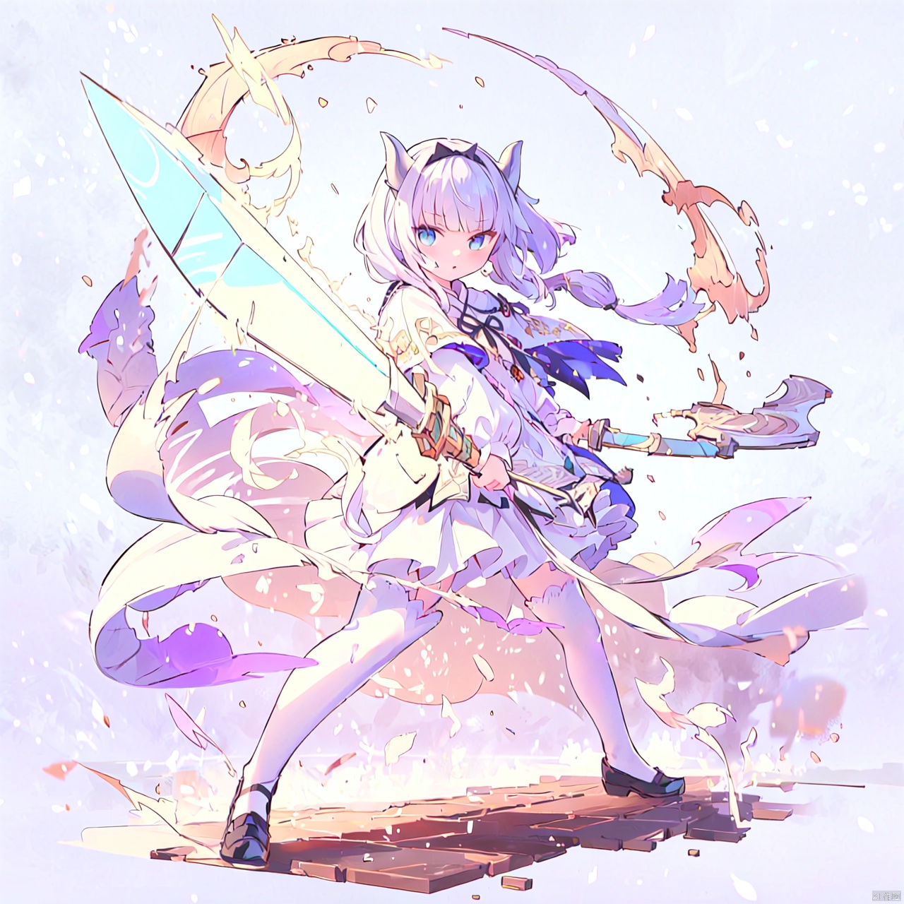  sword,sunrise stance,masterpiece, bestquality, KannaKamui, 1girl, solo, long hair,（Two handed sword,holding,weapon, sword,holding sword,A huge double-edged sword）, looking at viewer, blush, bangs, blue eyes, simple background, hair ornament, thighhighs, long sleeves, white background, dress, bow, twintails, standing, tail, full body, purple hair, hair bow, hairband, frills, horns, blunt bangs, white thighhighs, zettai ryouiki, black bow, capelet, low twintails, shoes, black hairband, light purple hair, dragon horns, legs apart, beads, lolita fashion, dragon girl, hair beads, frilled capelet,fighting_stance,dynamic pose