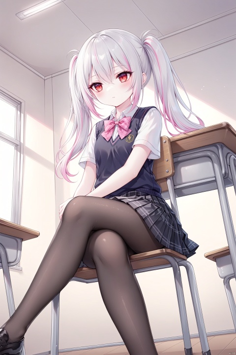 [iumu],[Sheya],[Artist chen bin],1girl, solo, blush, bangs, skirt, shirt, red eyes, bow, hair between eyes, twintails, sitting, closed mouth, school uniform, white shirt, pink hair, white hair, short sleeves, pantyhose, multicolored hair, pleated skirt,no shoes, solo focus, indoors, bowtie, black skirt, vest, plaid, black pantyhose, chair, looking away, from below, crossed legs, pink bow, loafers, desk, sweater vest, classroom, school desk, pink bowtie, school chair