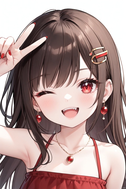  masterpiece,best quality,high quality,loli,1girl, solo, long hair, looking at viewer, smile, open mouth, bangs, brown hair, black hair, hair ornament, red eyes, bare shoulders, jewelry, collarbone, earrings, one eye closed, teeth, hairclip, hand up, necklace, nail polish, v, fangs, ;d, portrait, red nails