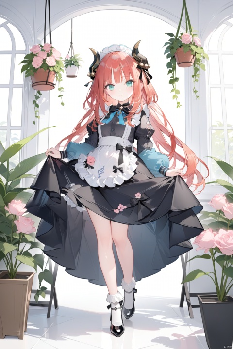 masterpiece,best quality,high quality, 1girl, solo, long hair, breasts, looking at viewer, smile, bangs, blue eyes, long sleeves, dress, bow, ribbon, medium breasts, very long hair, closed mouth, standing, full body, flower, red hair, frills, horns, alternate costume, choker, socks, puffy sleeves, black footwear, apron, black dress, high heels, aqua eyes, maid, maid headdress, black ribbon, black bow, rose, leg up, standing on one leg, frilled dress, plant, white socks, juliet sleeves, waist apron, white apron, pink flower, maid apron, puffy long sleeves, enmaided, skirt hold, potted plant, nilou \(genshin impact\),