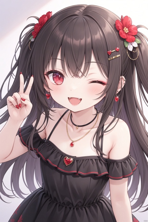  masterpiece,best quality,high quality,loli,1girl, solo, long hair, looking at viewer, smile, open mouth, bangs, brown hair, black hair, hair ornament, red eyes, bare shoulders, jewelry, collarbone, earrings, one eye closed, teeth, hairclip, hand up, necklace, nail polish, v, fangs, ;d, portrait, red nails