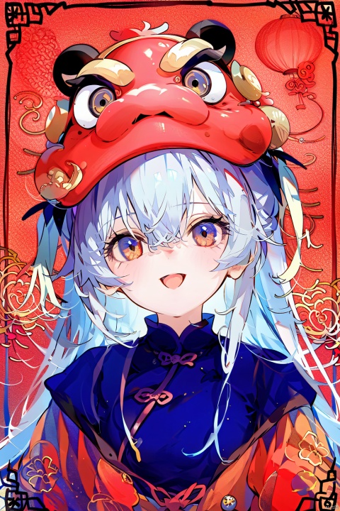  best quality, amazing quality, amazing quality, very aesthetic, absurdres,
1girl, looking at viewer, open mouth, smile, solo, bangs, long hair, hair ornament, :d, hair between eyes, chinese clothes, portrait, upper body, on head, tassel, chinese zodiac, new year
 