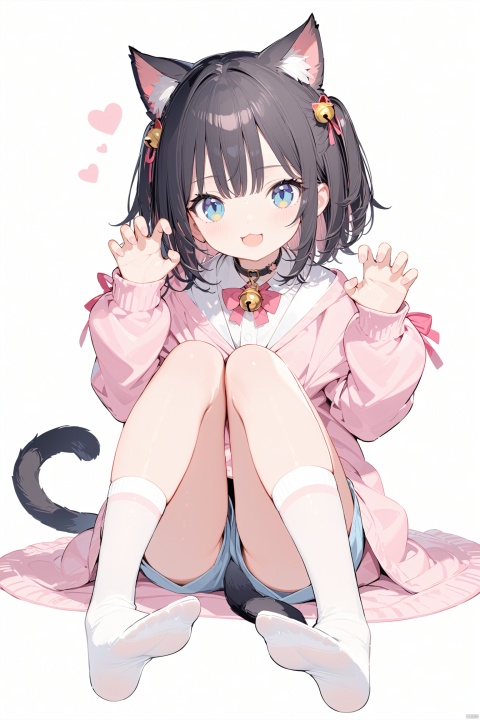 masterpiece,best quality,high quality,(colorful),1girl, solo, looking at viewer, smile, open mouth, bangs, blue eyes, black hair, thighhighs, long sleeves, white background, animal ears, tail, full body, :d, heart, shorts, socks, virtual youtuber, cat ears, feet, cat tail, bell, toes, :3, no shoes, soles, cat girl, neck bell, tail ornament, foot focus, claw pose, paw print,loli,Kantoku
