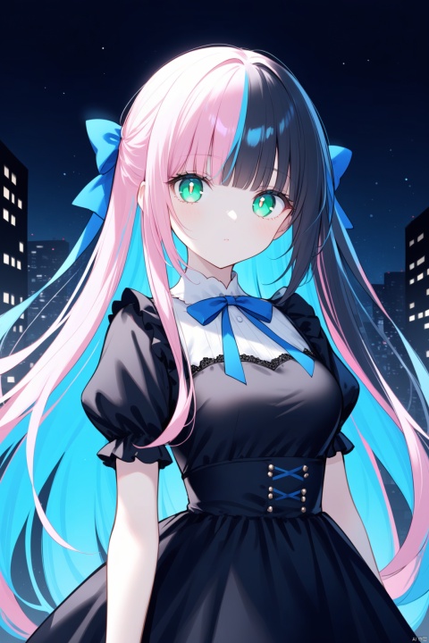 1girl, solo, long hair, breasts, looking at viewer, bangs, blue eyes, black hair, dress, bow, ribbon, holding, very long hair, closed mouth, green eyes, blue hair, upper body, pink hair, hair bow, multicolored hair, puffy sleeves,blunt bangs, black dress, two-tone hair, neck ribbon, night, glowing, blue bow, blue ribbon, bright pupils, colored inner hair, 