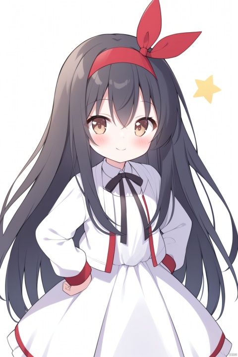 1girl, solo, long hair, looking at viewer, blush, smile, bangs, black hair, long sleeves, white background, dress, ribbon, hair between eyes, brown eyes, closed mouth, standing, jacket, hairband, open clothes, star \(symbol\), white dress, open jacket, black ribbon, neck ribbon, hands on hips, red hairband,loli