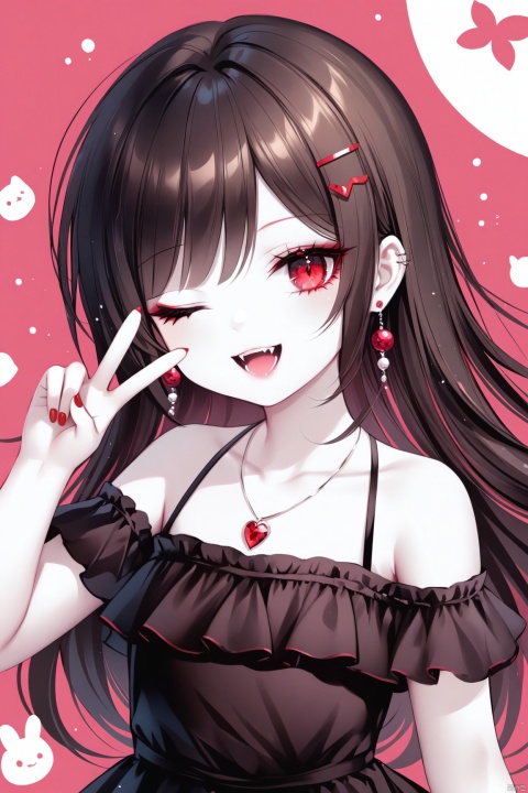 ,[iumu],[Sheya],[Artist chen bin], masterpiece,best quality,high quality,loli,1girl, solo, long hair, looking at viewer, smile, open mouth, bangs, brown hair, black hair, hair ornament, red eyes, bare shoulders, jewelry, collarbone, earrings, one eye closed, teeth, hairclip, hand up, necklace, nail polish, v, fangs, ;d, portrait, red nails