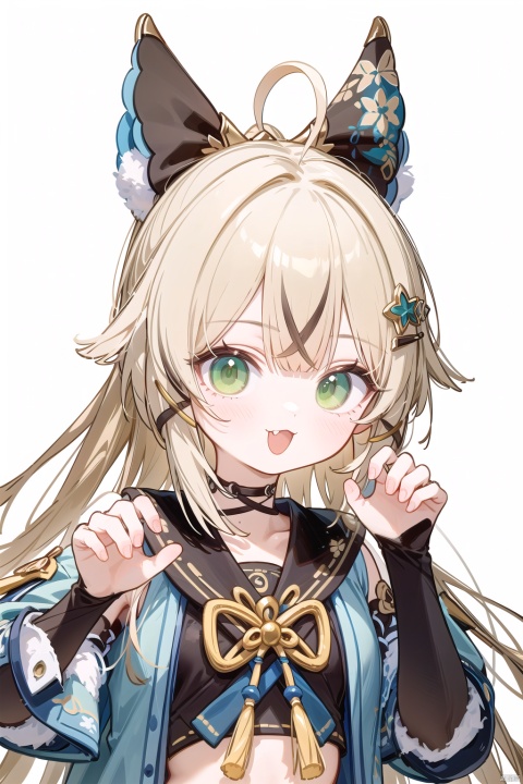  ((best quality)),((masterpiece)),((ultra-detailed)),(illustration),(detailed light),(an extremely delicate and beautiful),1girl, solo, long hair, looking at viewer, blush, smile, open mouth, bangs, blonde hair, brown hair, shirt, hair ornament, animal ears, green eyes, white shirt, ahoge, :d, multicolored hair, hairclip, fang, virtual youtuber, streaked hair, :3, claw pose,