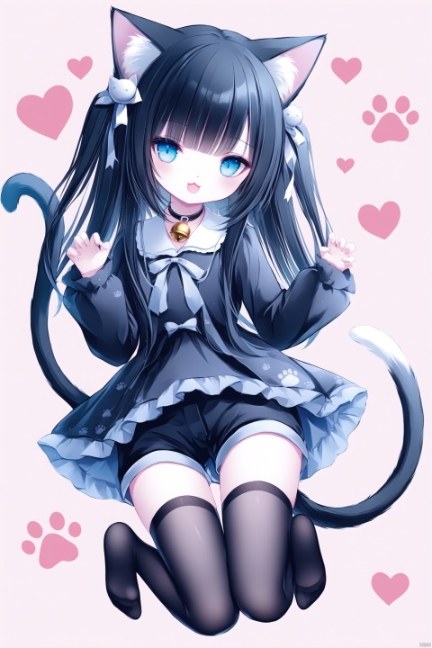 [iumu],[Sheya],[Artist chen bin], 1girl, solo, looking at viewer, smile, open mouth, bangs, blue eyes, black hair, thighhighs, long sleeves, white background, animal ears, tail, full body, :d, heart, shorts, socks, virtual youtuber, cat ears, feet, cat tail, bell, toes, :3, no shoes, soles, cat girl, neck bell, tail ornament, foot focus, claw pose, paw print,loli
