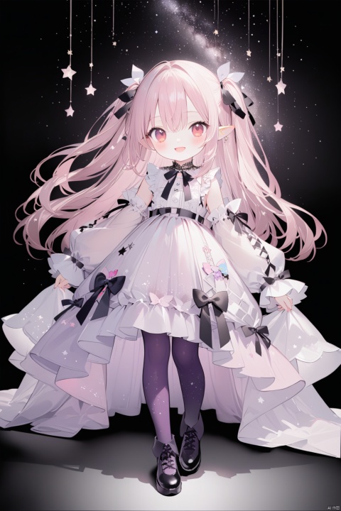 1girl, solo, long hair, looking at viewer, blush, smile, open mouth, bangs, red eyes, long sleeves, dress, bow, ribbon, hair between eyes, very long hair, hair ribbon, pink hair, :d, pantyhose, frills, detached sleeves, shoes, sleeveless, pointy ears, puffy sleeves, virtual youtuber, wide sleeves, black footwear, white dress, two side up, sleeves past wrists, black ribbon, sleeveless dress, puffy long sleeves, white sleeves, purple pantyhose,loli, Starry Sky Skirt