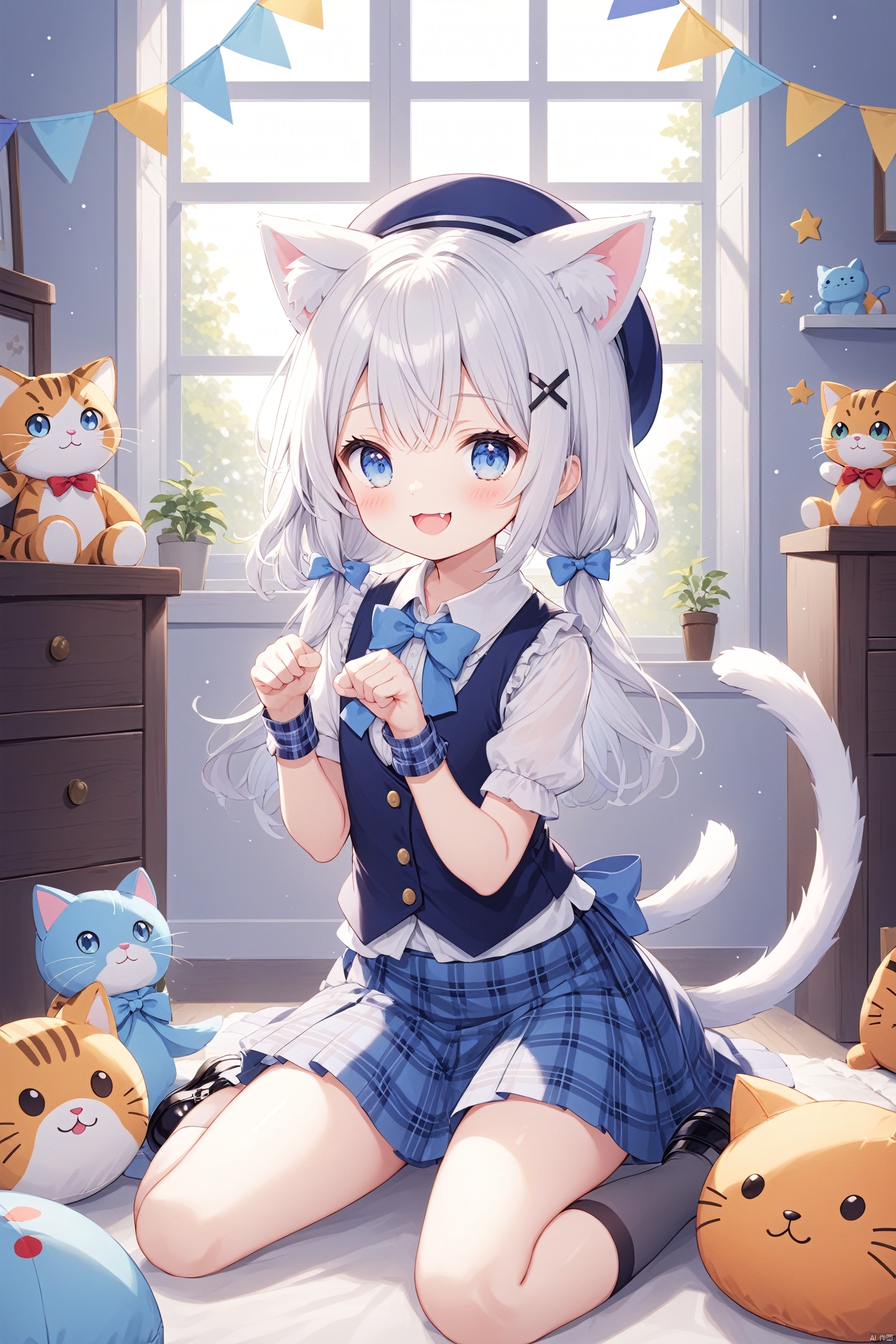 1girl, blue eyes, wariza, sitting, tail, hair ornament, socks, solo, looking at viewer, white hair, cat tail, open mouth, skirt, hat, shirt, plaid, tail ornament, animal ears, window, indoors, white shirt, cat ears, paw pose, shoes, bangs, black footwear, short sleeves, fang, vest, bow, between legs, stuffed toy, grey socks, string of flags, blue bow, blue headwear, hairclip, stuffed cat, x hair ornament, black socks, smile, hand between legs, stuffed animal, jewelry, kneehighs, hand up, star \(symbol\), blue skirt, cat, plaid, argyle legwear, argyle, loli