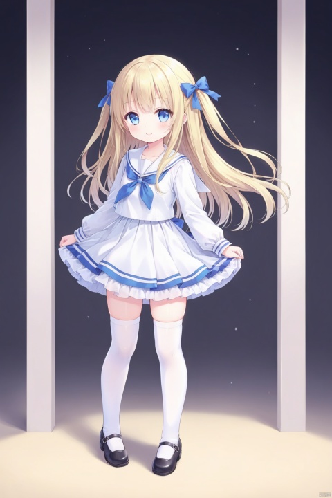  solo,1girl,thighhighs,blonde_hair,long_hair,blue_eyes,mary_janes,shoes,dress,white_thighhighs,sailor_dress,full_body,standing,bow,zettai_ryouiki,smile, loli