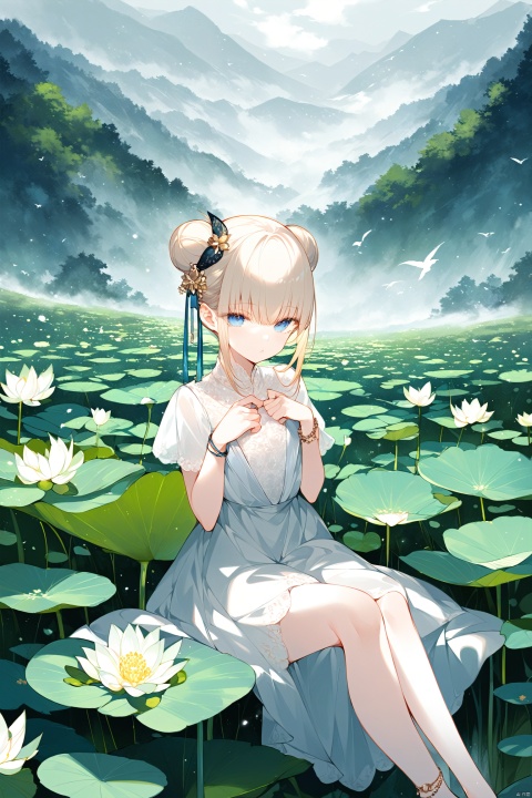 {( with blue eyes, long pale gold hair braided into a flying bun and exquisite hair accessories),

(Clear facial features, charming eyes, beautiful double eyelids, delicate nose, small mouth, pink lips, baby-like cheeks),

(beautiful, perfect, exquisite),

(There are beautiful flowers, plants and birds in the misty valley, magnificent and historical),

(Wearing exquisite cassocks, bracelets, anklets and elegant ribbons, barefoot, dreamy and elegant),

((Eyes slightly open, hands pinching in front of chest, sitting cross-legged on a lotus, photo: 1.3, RAW file format, master-level illustration work, 32k ultra-high-definition wallpaper, best CG. Gorgeous Sense. Dynamic sense. Vivid sense)): 1.4, 