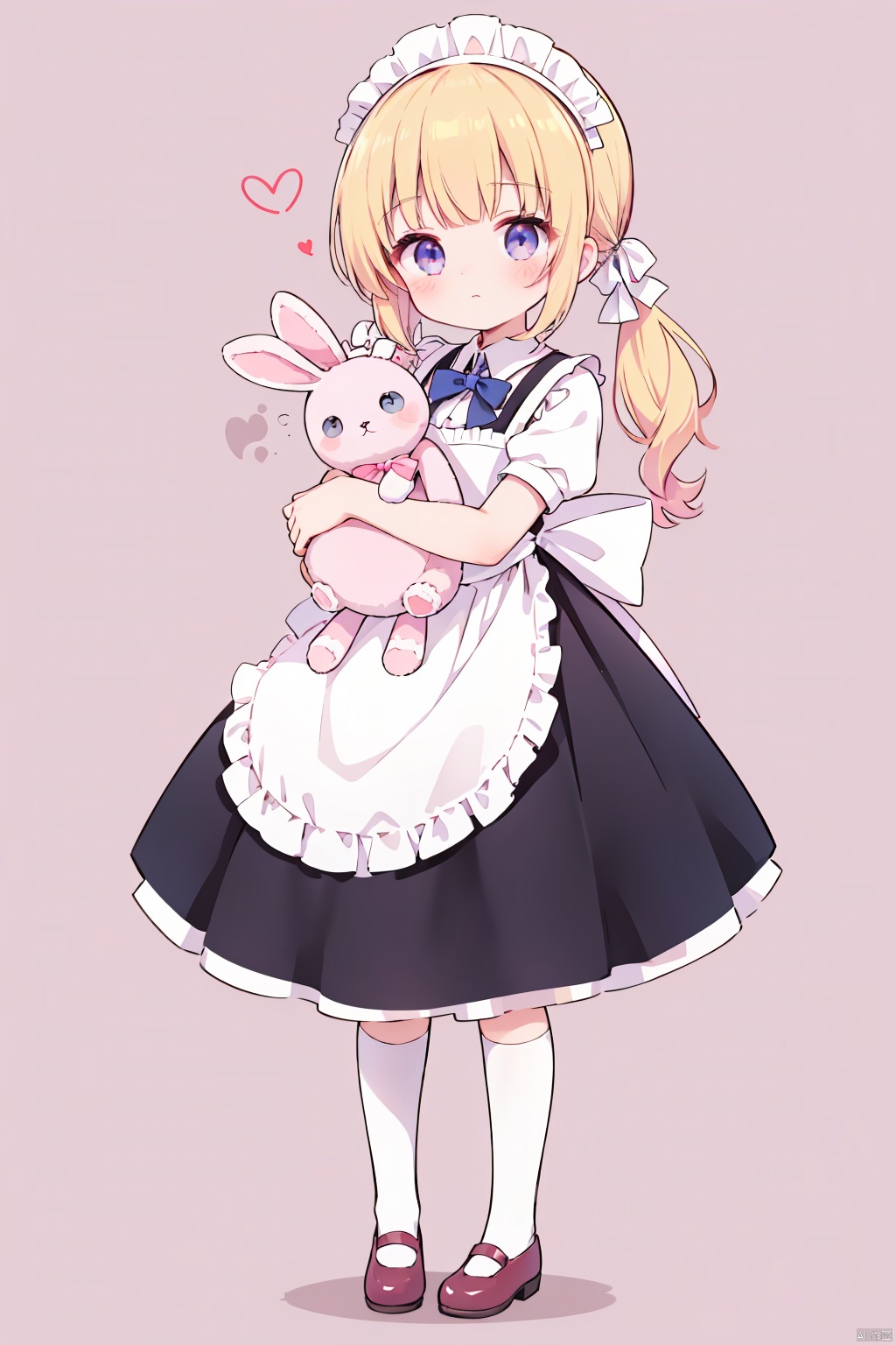 1girl, solo, long hair, looking at viewer, blush, bangs, blue eyes, blonde hair, simple background, dress, bow, holding, animal ears, twintails, closed mouth, standing, full body, short sleeves, hair bow, heart, frills, shoes, socks, puffy sleeves, rabbit ears, apron, puffy short sleeves, maid, maid headdress, low twintails, blush stickers, stuffed toy, pink background, frilled dress, stuffed animal, white socks, pink bow, pink dress, white apron, mary janes, maid apron, frilled apron, object hug, pink footwear, stuffed bunny, bobby socks, holding stuffed toy, frilled socks, ,maya