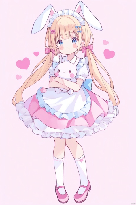 1girl, solo, long hair, looking at viewer, blush, bangs, blue eyes, blonde hair, simple background, dress, bow, holding, animal ears, twintails, closed mouth, standing, full body, short sleeves, hair bow, heart, frills, shoes, socks, puffy sleeves, rabbit ears, apron, puffy short sleeves, maid, maid headdress, low twintails, blush stickers, stuffed toy, pink background, frilled dress, stuffed animal, white socks, pink bow, pink dress, white apron, mary janes, maid apron, frilled apron, object hug, pink footwear, stuffed bunny, bobby socks, holding stuffed toy, frilled socks, loli
