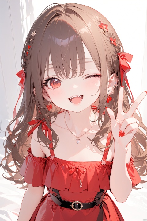  masterpiece,best quality,high quality,loli,1girl, solo, long hair, looking at viewer, smile, open mouth, bangs, brown hair, black hair, hair ornament, red eyes, bare shoulders, jewelry, collarbone, earrings, one eye closed, teeth, hairclip, hand up, necklace, nail polish, v, fangs, ;d, portrait, red nails