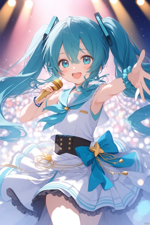 1girl, solo, long hair, blush, smile, open mouth, blue eyes, dress, twintails, jewelry, very long hair, blue hair, :d, sleeveless, sailor collar, white dress, bracelet, aqua hair, sleeveless dress, scrunchie, outstretched arm, stage, hatsune miku,idol,stage,idol clothes, loli